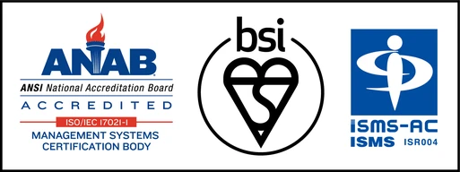 ISMS認証マーク（認証機関 bsi／認定機関 ISMS-AC・ANAB。ISR004 は bsi の認定番号）